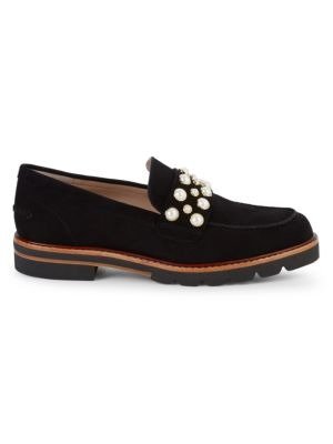 Faux-Pearl Embellished Suede Loafers