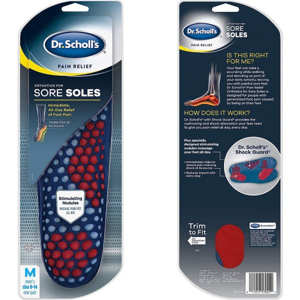 SORE SOLES Pain Relief Orthotics (For Men's 8-14, Also Available For Women's 6-10), 1 Pair