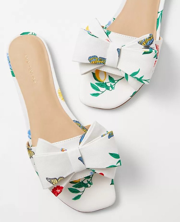 Linen Blend Bow Slide Sandals | Ann Taylor