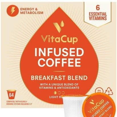 VitaCup Breakfast Blend Energy Blend Coffee Pods 64ct | Keto | Paleo | Whole30 | Vitamins B1, B5, B6, B9, B12, D3 | Compatible with K-Cup Brewers Including Keurig 2.0 | Light Roast