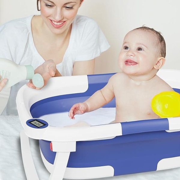 Collapsible Baby Bathtub for Infants to Toddler, Portable Travel Bathtub Multifunctional Bathtub with Drain Hole, Baby Folding Bathtub for Newborn 0-36 Month (Blue+Floating Baby Bath Cushion)