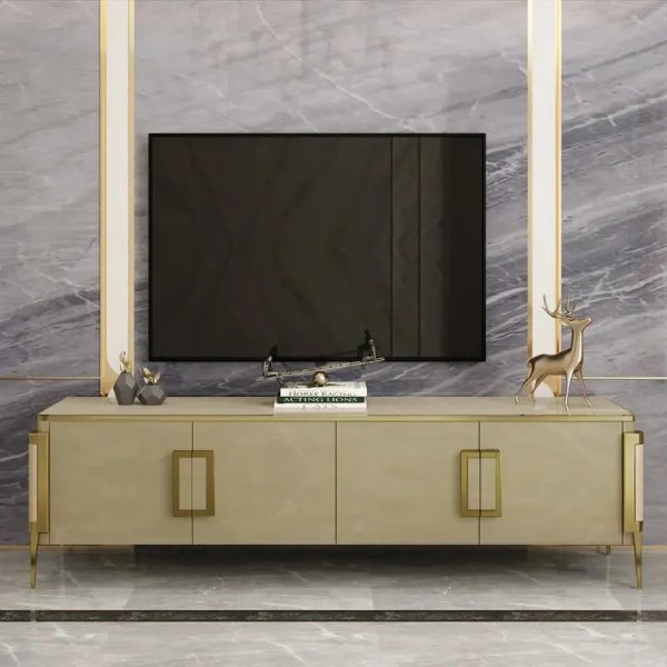 Vectic Modern Beige Rectangle TV Stand with Storage and Doors Media Console for TVs-Homary