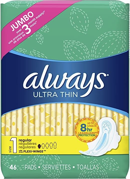 Ultra Thin Size 1 Regular Pads With Wings Unscented, 46 Count