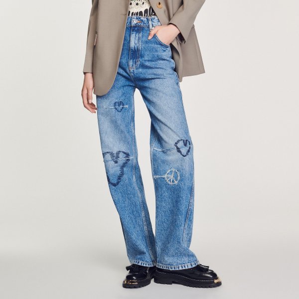 Straight-leg jeans with heart embroidery