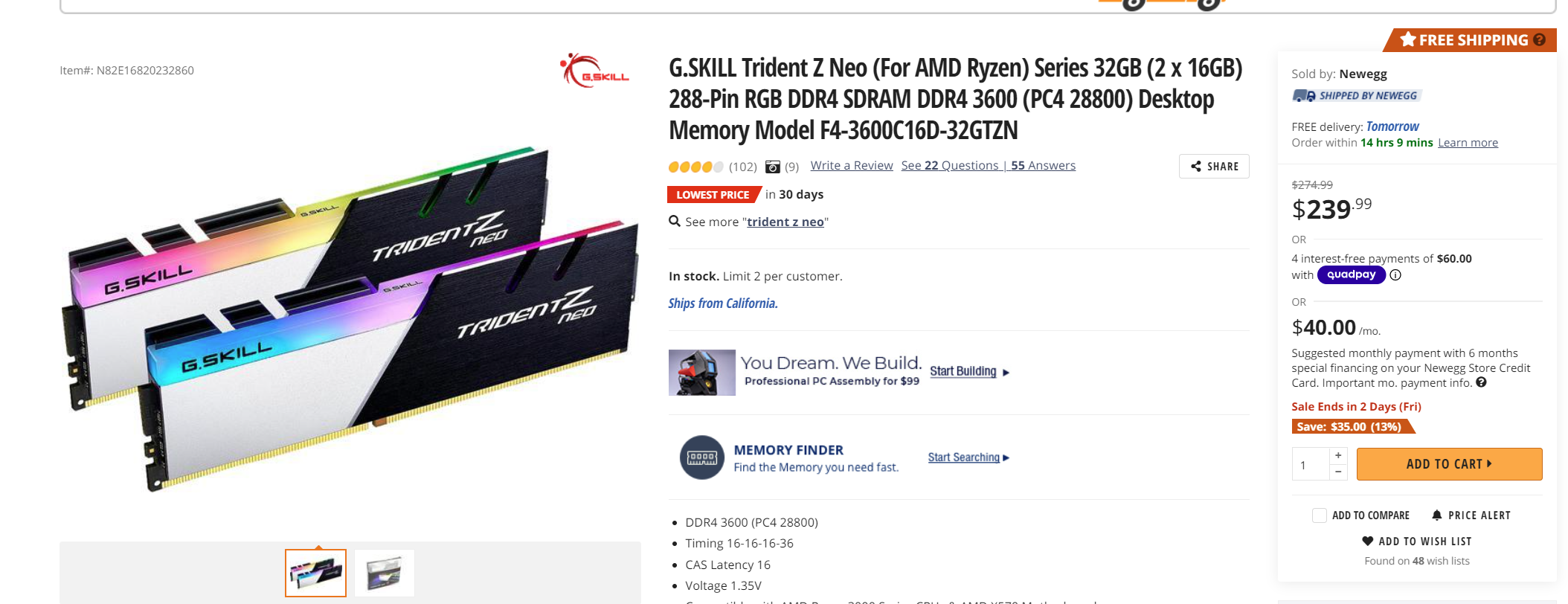 G.Skill Trident Z Neo DDR4  32gb 3600MHz cl16 内存条