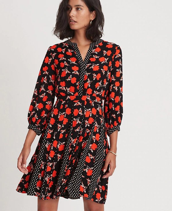 Floral Dot Pleated Flare Dress | Ann Taylor
