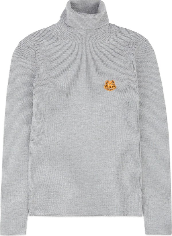 - Tiger Crest Turtleneck Knit Pullover Sweater - Dove Grey