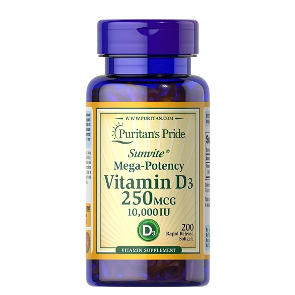 Vitamin D3 250 mcg (10,000 IU)-200 Softgels, White