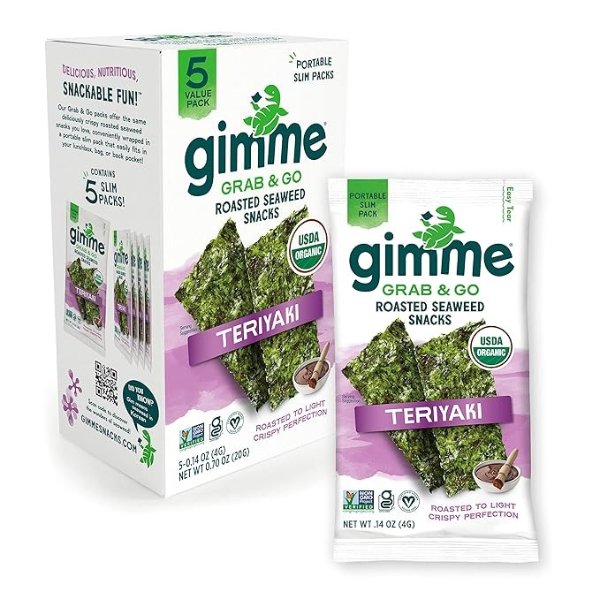 gimMe Grab & Go - Teriyaki - 5 Count - Organic Roasted Seaweed Sheets - Keto Vegan Gluten Free - Great Source of Iodine & Omega 3’s - Healthy On-The-Go Snack for Kids Adults