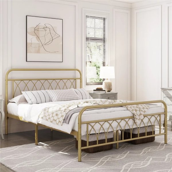 Metal Platform Bed with Headboard and Footboard, Queen Size, Antique Gold
