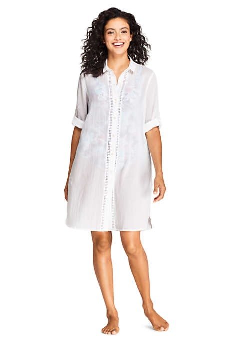 Women's Cotton Embellished Button Down Shirt Dress Swim Cover-up
