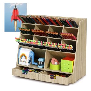 DF DARFOO Pen Pencil Holder for Desk Cute, Desk Pencil Organizer with 14 Compartments & 2 Drawers