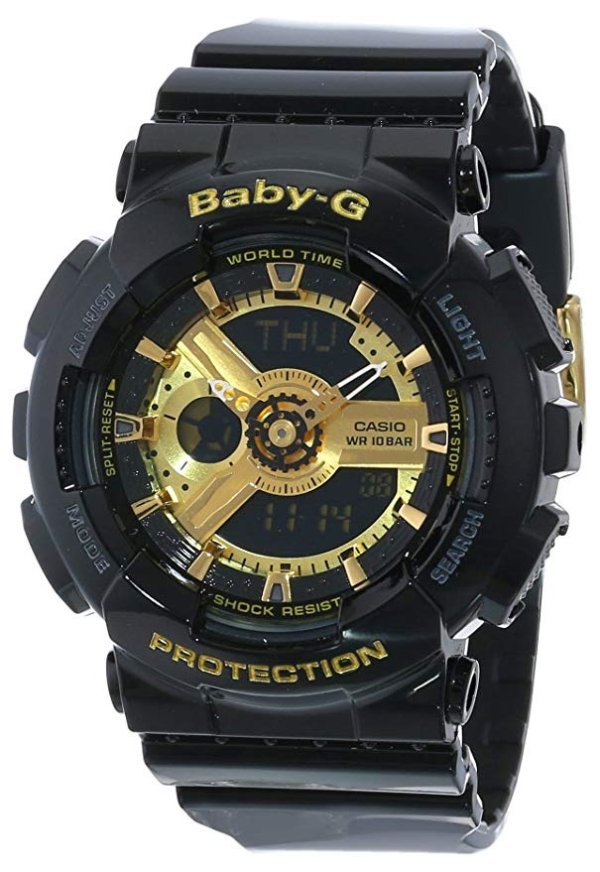 Women's BA-110-1ACR Baby-G Goldtone Analog-Digital Display and Black Resin Strap Watch