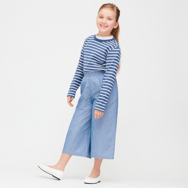 GIRLS CHAMBRAY WIDE CROPPED PANTS