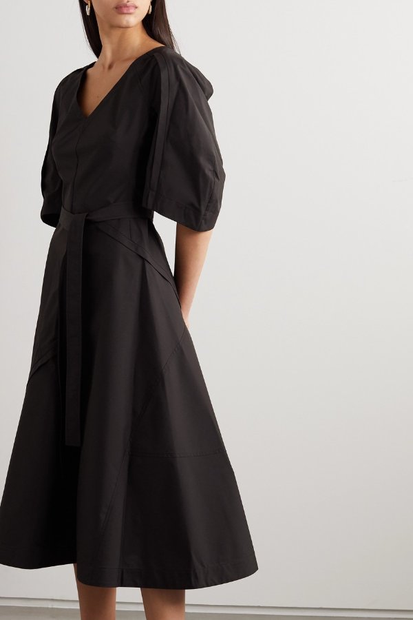 Belted cotton-blend poplin midi dress