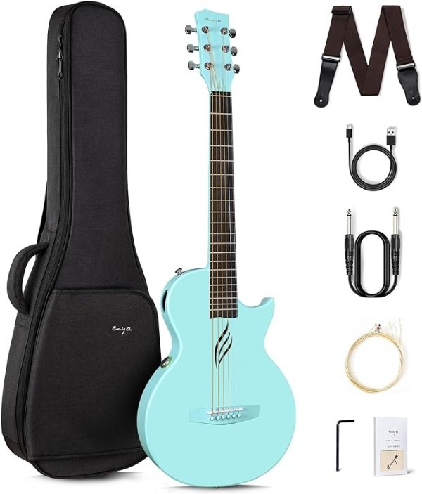 Enya NOVA Go SP1 Carbon Fiber Acoustic Electric Guitar with Smart AcousticPlus 35 Inch Travel Acustica Guitarra Starter Bundle Kit of Gig Bag, Strap, Strings, Charging Cable, Instrument Cable(Blue)