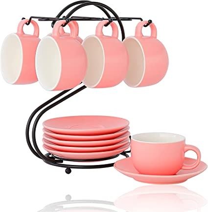 Porcelain Expresso Cups(4.5oz) with Saucers & Metal Stand, Candiicap Demitasse Cups Set for Coffee, Cappuccino, Latte, Expresso, Americano, Tea (4.5oz,Matte Pink)