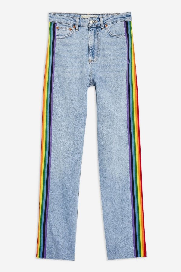MOTO Mid Bleach Raw Hem Rainbow Side Stripe Straight Leg Jeans