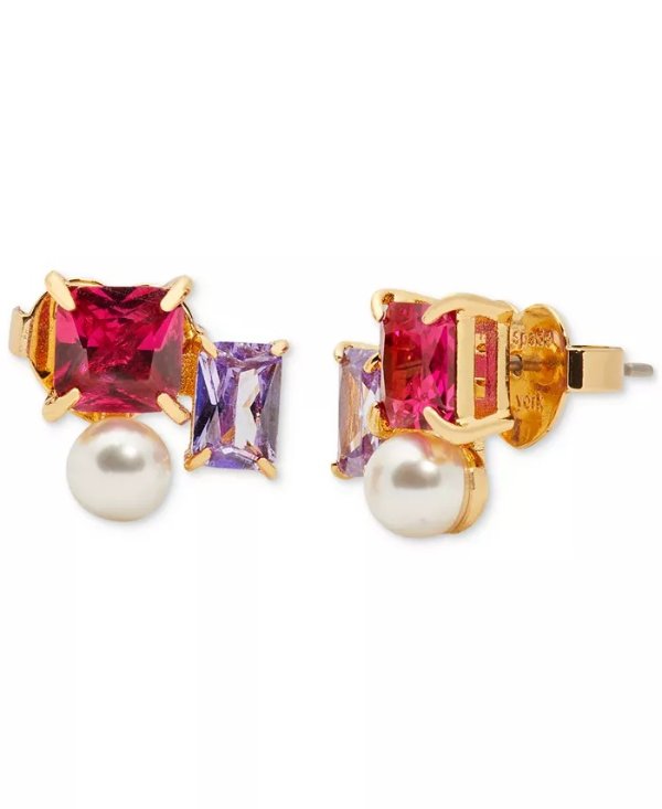 Gold-Tone Cubic Zirconia & Imitation Pearl Cluster Stud Earrings