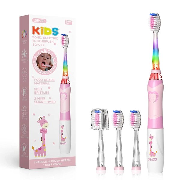 Kids Electric Toothbrush Sonic Toothbrush, Soft Battery Powered Tooth Brush with Smart Timer,Waterproof Replaceable Deep Clean For kids(Age of 3+)，Travel Toothbrush by SEAGO SG977(Pink)