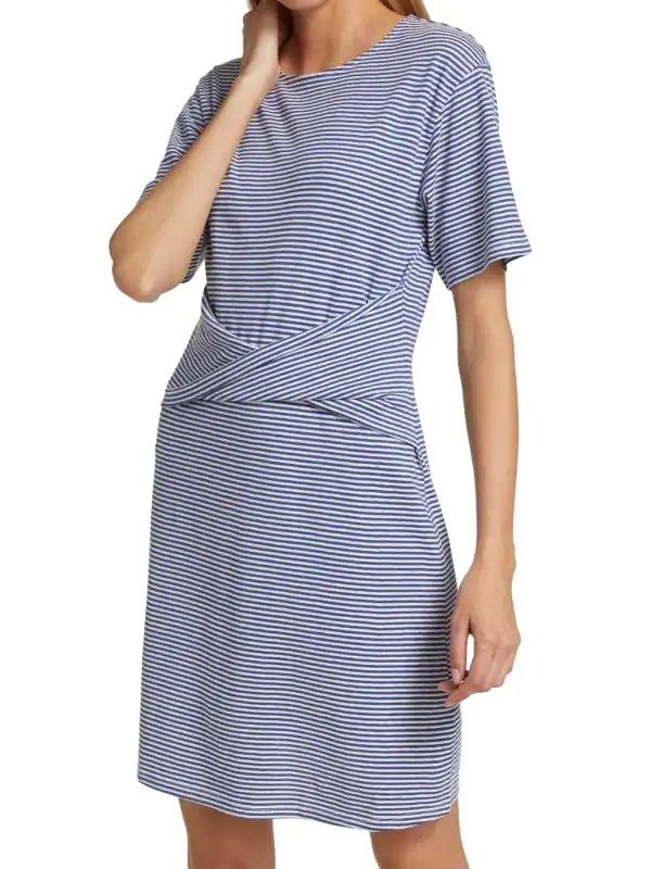 Front Twist Stripe Linen Cotton Tee Dress