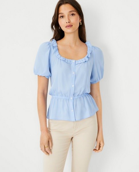 Mixed Media Button Square Neck Top | Ann Taylor