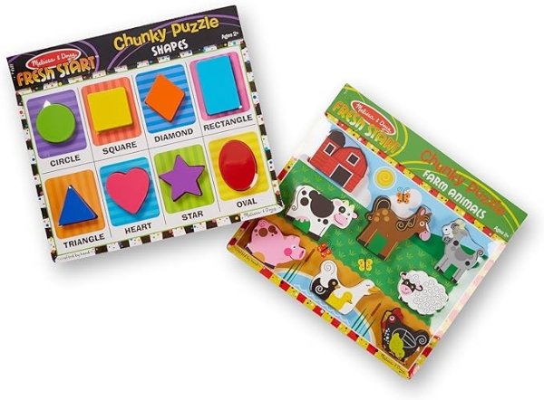 Melissa & Doug Shapes - Chunky Puzzle and Farm Wooden Chunky Puzzle Bundle