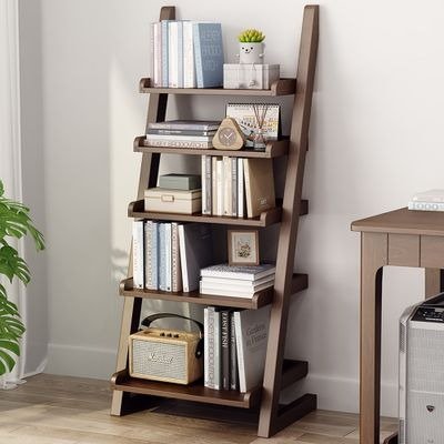 Modern Solid Wood 5-Tier Shelf Ladder Bookcase in Walnut-Homary