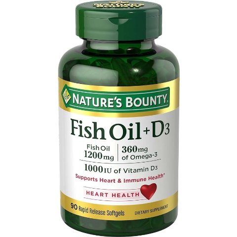 Fish Oil plus Vitamin D3 by Nature's Bounty, Contains Omega 3, Immune Support & Supports Heart Health, 1200mg Fish Oil, 360mg Omega 3, 1000IU Vitamin D3, 90 Softgels