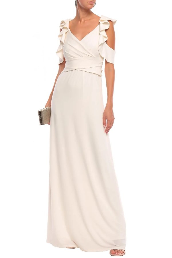 Cold-shoulder wrap-effect ruffle-trimmed crepe-jersey gown