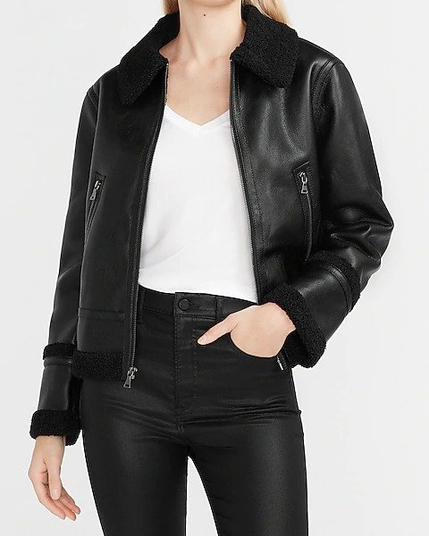 Shearling Collar Faux Leather Jacket