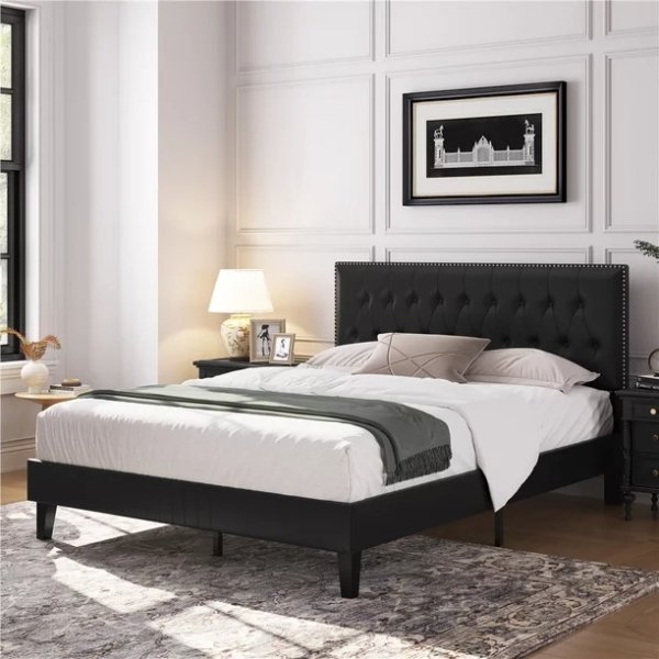 Upholstered Bed Frame with Adjustable Headboard, Queen Size, Black