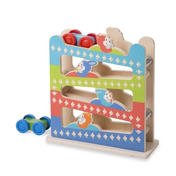First Play Roll & Ring Ramp Tower, Cars and Vehicles, 2 Wooden Cars, 12.625” H x 4.375” W x 11.125” L