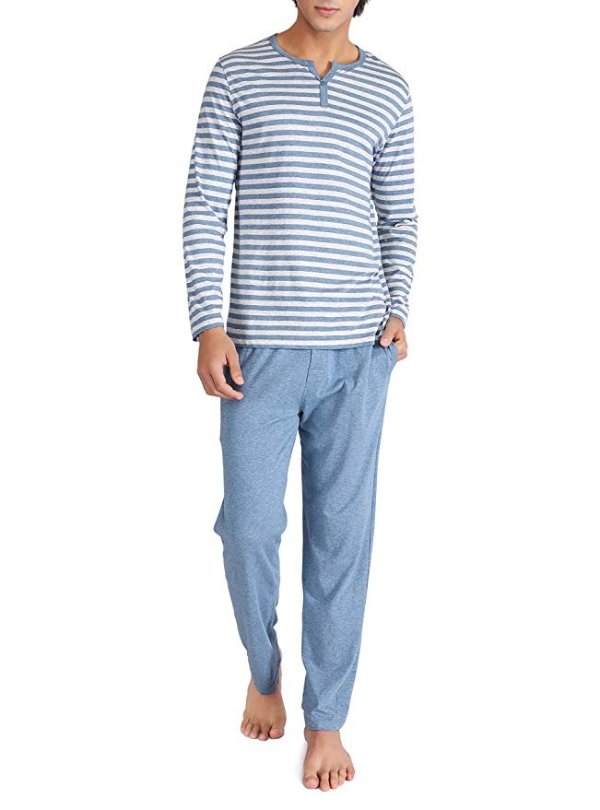 Men's Cotton Heather Striped Sleepwear Long Sleeve Top & Bottom Pajama Set