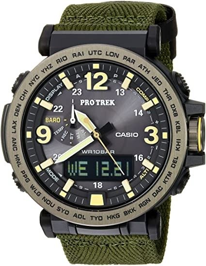 Men's PRO TREK Stainless Steel Quartz Watch with Cloth Strap, Green, 30.5 (Model: PRG-600YB-3CR)