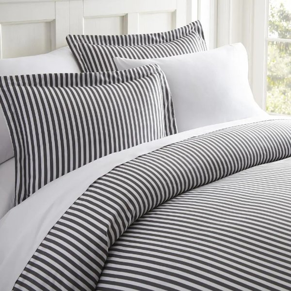 Ribbon Patterned Performance Gray Twin 3-Piece Duvet Cover Set