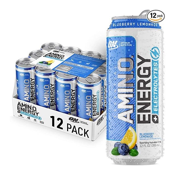 Optimum Nutrition Amino Energy + Electrolytes Sparkling Hydration Drink - Pre Workout, BCAA, Keto Friendly, Energy Drink - Blueberry Lemonade, (Packaging May Vary), 12 Fl Oz (Pack of 12)