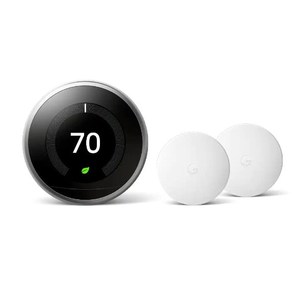 Nest Learning Thermostat - Smart Wi-Fi Thermostat Stainless Steel and Nest Temperature Sensor 2 Pack