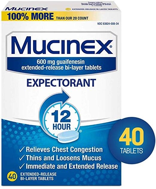Chest Congestion, Mucinex Expectorant 12 Hour Extended Release Tablets, 40ct, 600 mg Guaifenesin with Extended Relief of Chest Congestion Caused by Excess Mucus. Thins and Loosens Mucus