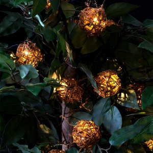 Bright Tunes Indoor/Outdoor White LED's with Decorative Rattan Globe String Lights with Bluetooth Speakers, Black Cord