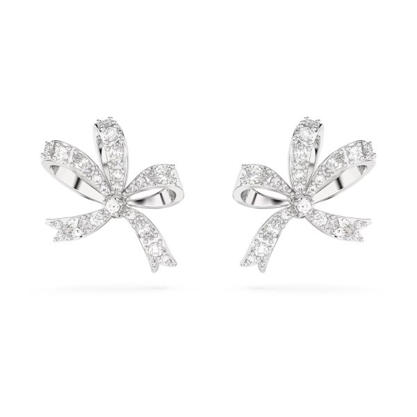 Volta stud earrings, Bow, Small, White, Rhodium plated by SWAROVSKI
