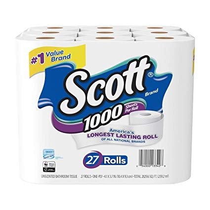 1000 Sheetsper Roll Toilet Paper, Bath Tissue, 27 Count