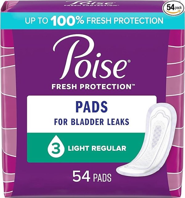 Incontinence Pads & Postpartum Incontinence Pads, 3 Drop Light Absorbency, Regular Length, 54 Count, Packaging May Vary