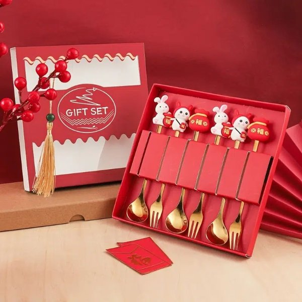 2pcs/4pcs/6pcs New Year Spring Festival Style Cutlery Gift Box Set, Year Of The Rabbit Lucky Cat Favor Bag Meal Spoon Meal Fork, New Year Gifts | Find Great Deals Now | Temu