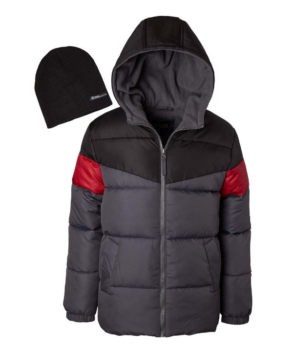 Charcoal & Red Color Block Puffer Coat & Beanie - Toddler & Boys