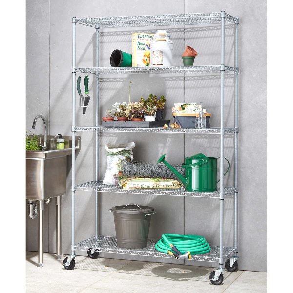 5-Tier Outdoor Wire Shelving Rack with Wheels, 48" x 18" x 72" NSF, Gray Color