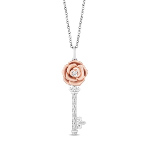 Enchanted Disney Belle 1/10 CT. T.W. Diamond Rose-Top Key Pendant in Sterling Silver and 10K Rose Gold - 19&quot;|Zales