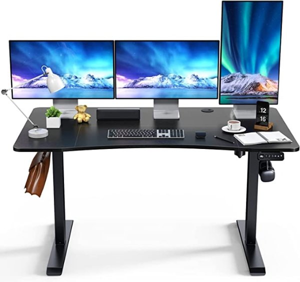 Height Adjustable Electric Standing Desk, 55X30 Inch Curved Standing Desk w/4 Memory Height Buttons, Ergonomic Design, Splice Board, 2 Hooks, 2 Outlet Boxes, Stand up Desks for Home Office, Black
