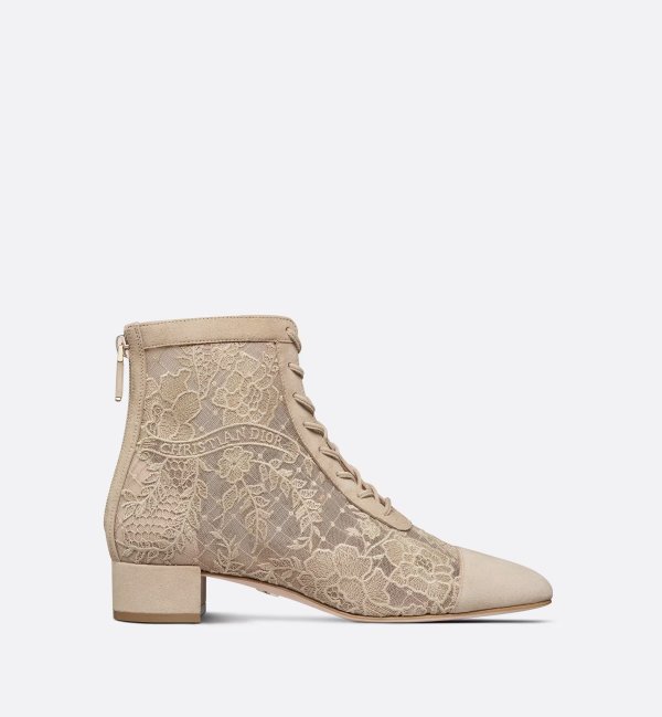 Naughtily-D Ankle Boot Transparent Mesh and Sand-Colored Suede Embroidered with Dior Roses Motif