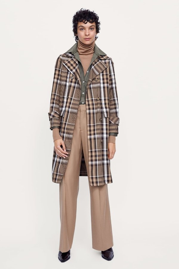 PLAID DOUBLE-BREASTED TRENCH COAT